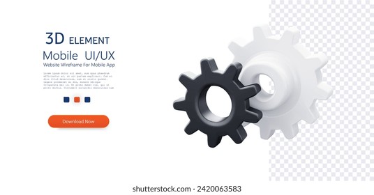 Interlocking Gears on Transparent Background. Two 3D interlocking gears, one black and one white, symbolizing integration and teamwork.