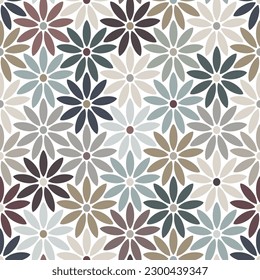 Interlocking geometric multicolored flowers on a white background. Mosaic Style. Seamless stylized floral pattern. Vector illustration for textile, wrapping, and packaging.