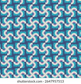 Padrão geométrico entrelaçado de formas curvas e em ziguezague em tons de azul, roxo e creme
