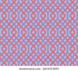 Padrão geométrico entrelaçado com motivos octogonais em alfazema de pastel e tons de coral um projeto contínuo e visualmente atraente