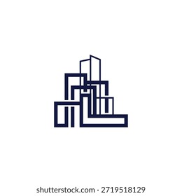 Formas geométricas entrelaçadas formam um design de logotipo abstrato combinando linhas e esboços de arranha-céus para identidade de arquitetura profissional.