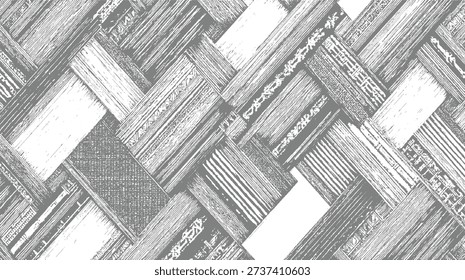 Interlocking grey and white textured geometric pattern with diagonal lines and woven effect