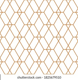 Interlocking Grid Of Different Sized Diamond Shapes In A Repeating Gold Linear Outline Pattern On A White Background, Geometric Vector Illustration