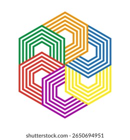 Interlocking hexagon icon. Isometric lattice symbol. Vivid rainbow Vector. Geometric chain unity.