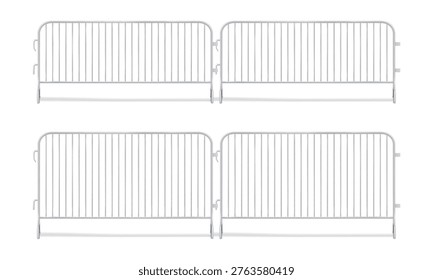 Interlocking metal fence panel with hooks. Temporary fencing. Realistic 3d vector mockup. Bike rack barricade. Mock-up set. Steel crowd control barrier. Template for design