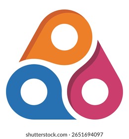 As formas curvas laranja azul e rosa entrelaçadas formam um design de logotipo abstrato triangular com três círculos.