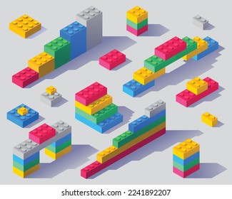 Ladrillos de plástico entrelazados. Casa y escalera. Toy, vuelve a la escuela. 3d vector de diseño.	