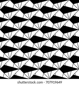 Interlocking polygons tessellation background. Image with repeated triangles, quadrangles, rhombuses, kites, pentagons. Seamless pattern with zigzag strokes. Modern geometrical motif. Vector for print