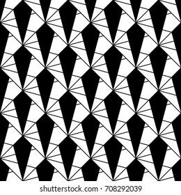 Interlocking polygons tessellation background. Image with repeated triangles, quadrangles, rhombuses, kites, pentagons. Seamless pattern with zigzag strokes. Modern geometrical motif. Vector for print
