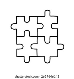 Interlocking puzzle pieces outline vector. Hand drawn vector, graphic style, cartoon illustration, black and white, sketch style