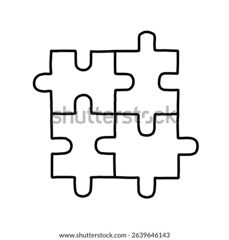 Interlocking puzzle pieces outline vector. Hand drawn vector, graphic style, cartoon illustration, black and white, sketch style