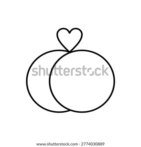 Interlocking rings with heart on top, black outline icon symbolizing wedding, engagement, marriage, love, commitment, partnership, or anniversary.
