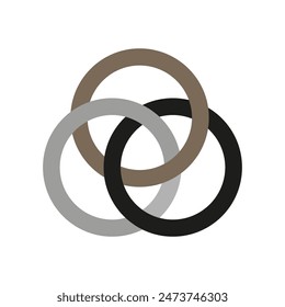 Interlocking rings icon. Three colored circles. Overlapping vector shapes. Minimalist design.