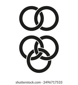 Interlocking rings icons set. Black and white vector symbols. Abstract geometric design.