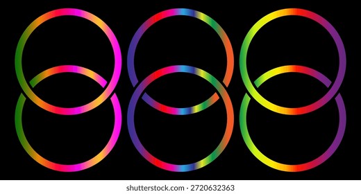Anillos entrelazados Vibrantes Colores Abstractas del gradiente del arco iris en el gráfico digital negro para los temas de la conexión y de la diversidad