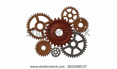 Interlocking set of various wooden and metal gear wheels and cogs of different sizes and textures, featuring spoke designs and circular centers, isolated on a plain white background.