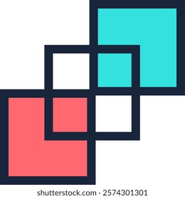 Interlocking squares in shades of turquoise and coral pink create an abstract geometric composition, ideal for modern and minimalist design projects seeking a touch of vibrant color