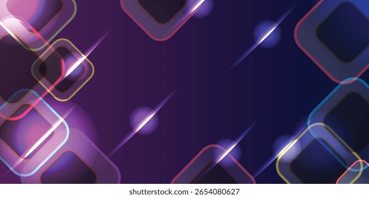 Quadrados entrelaçados em vários tons de roxo, azul e amarelo, com efeitos de luz brilhantes e bordas transparentes.