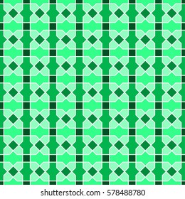 Interlocking tessellation pattern in square layout, similar to traditional Islamic geometric patterns - seamless editable repeating vector background (green)
