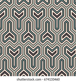 Interlocking three pronged blocks background. Winder keys motif. Ethnic style seamless pattern with repeated geometric figures. Oriental ornament. Digital paper, textile print, page fill. Vector art.