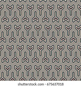 Interlocking three pronged blocks background. Winder keys motif. Ethnic style seamless pattern with repeated geometric figures. Oriental ornament. Digital paper, textile print, page fill. Vector art.