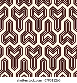 Interlocking three pronged blocks background. Winder keys motif. Ethnic style seamless pattern with repeated geometric figures. Oriental ornament. Digital paper, textile print, page fill. Vector art.