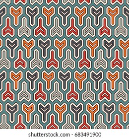 Interlocking three pronged blocks background. Winder keys motif. Ethnic style seamless pattern with repeated geometric figures. Oriental ornament. Digital paper, textile print, page fill. Vector art.