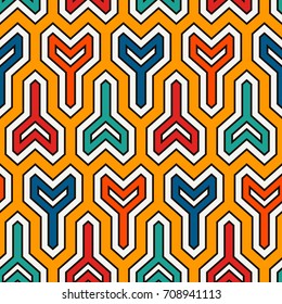 Interlocking three pronged blocks background. Winder keys motif. Ethnic style seamless pattern with repeated geometric figures. Oriental ornament. Digital paper, textile print, page fill. Vector art.