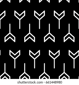 Interlocking three pronged blocks. Repeated white puzzles on black background.. Seamless surface pattern design with mosaic ornament. Winder keys motif. Tyre grip wallpaper. Digital paper. Vector art.