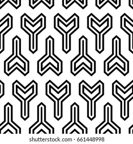 Interlocking three pronged blocks. Repeated black puzzles on white background.. Seamless surface pattern design with mosaic ornament. Winder keys motif. Tyre grip wallpaper. Digital paper. Vector art.