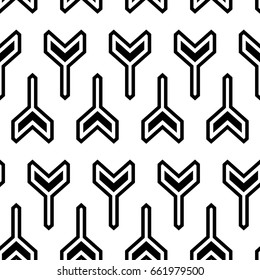 Interlocking three pronged blocks. Repeated black puzzles on white background.. Seamless surface pattern design with mosaic ornament. Winder keys motif. Tyre grip wallpaper. Digital paper. Vector art.