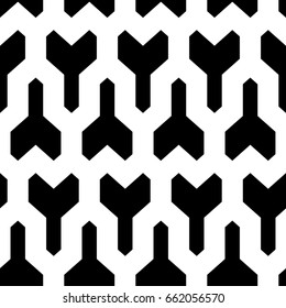 Interlocking three pronged blocks. Repeated black puzzles on white background.. Seamless surface pattern design with mosaic ornament. Winder keys motif. Tyre grip wallpaper. Digital paper. Vector art.