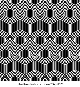 Interlocking three pronged blocks. Repeated black puzzles on white background.. Seamless surface pattern design with mosaic ornament. Pavement motif. Flooring wallpaper. Digital paper. Vector art.