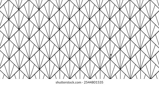 Interlocking triangles tessellation background. Image with repeated scallops. Fish scale. Seamless surface pattern design with scales. Modern japanese motif. Repeat scallop. Squama. Vector for print.