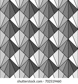 Interlocking triangles tessellation background. Image with repeated triangular shapes. Seamless pattern with scales. Modern japanese motif. Peacock. Squama. Palm tree leafs grid. Vector for print.