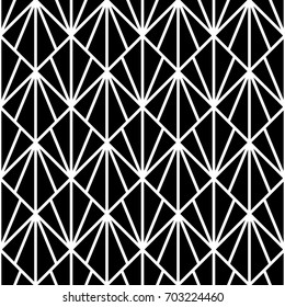 Interlocking triangles tessellation background. Image with repeated triangular shapes. Seamless pattern with scales. Modern japanese motif. Peacock. Squama. Palm tree leafs grid. Vector for print.