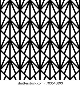 Interlocking triangles tessellation background. Image with repeated triangular shapes. Seamless pattern with scales. Modern japanese motif. Peacock. Squama. Palm tree leafs grid. Vector for print.