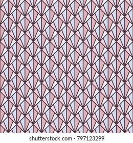Interlocking triangles tessellation. Contemporary print with repeated scallops. Seamless surface pattern design with fish scales. Modern japanese abstract ornamental background. Squama motif. Vector