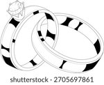 Interlocking wedding rings diamond line art black white vector illustration