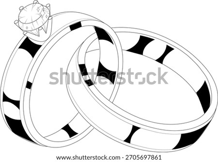 Interlocking wedding rings diamond line art black white vector illustration