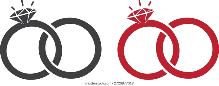 Interlocking wedding rings silhouette illustration with diamond ring detail in black and red color variations.
Perfect for wedding invitations, engagement announcements, anniversary designs, Valentine’s Day cards, logos, icons, stickers, and romantic print projects.
