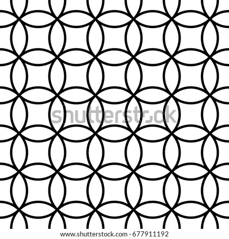 Interlocking white figures tessellation on black background. Image with oval and quadrangular shapes. Ethnic mosaic tiles motif. Seamless surface pattern design with interlocking circles ornament.