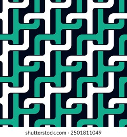 Ineinander greifende weiße und grüne Gitter auf schwarzem Hintergrund. Geometrisches Streifendesign im Retro-Stil. Nahtloses, sich wiederholendes Muster.