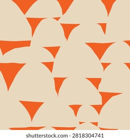 Interlocking wonky hand-drawn shapes seamless repeat in a two-tone composition. Large rounded arch forms interlock with downward-pointing concave triangular shapes, creating a densely packed fish scale or scallop-like structure with a bold graphic negative space effect. Modern Graphic Surface Pattern Design with a striking, architectural mid-century character. Ideal for retro textile, wallpaper and statement home decor applications.