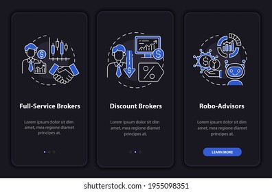 Intermediary types onboarding mobile app page screen with concepts. Full-service, robo broker walkthrough 3 steps graphic instructions. UI, UX, GUI vector template with linear night mode illustrations