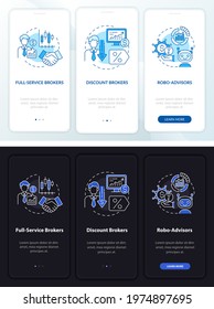 Intermediary types onboarding mobile app page screen with concepts. Discount, AI walkthrough 3 steps graphic instructions. UI, UX, GUI vector template with linear night and day mode illustrations