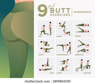 Intermediate Level - Glute Exercises Set. Buttocks  workout vector Set. Women doing fitness exercises. 