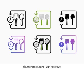conjunto de iconos de ayuno intermitentes con línea, contorno, plano, relleno, glifo, color, degradado. Actrazo editable y píxel perfecto. Se puede usar para productos digitales, presentación, diseño de impresión y más.