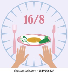 Intermittent fasting - 16 and 8, female hands, scrambled eggs, vegetables, knife, fork - vector. Diet banner concept