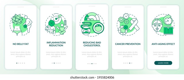 Intermittent fasting benefits green onboarding mobile app page screen with concepts. Healthy diet walkthrough 5 steps graphic instructions. UI vector template with RGB color illustrations